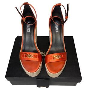 Versace Medusa Orange Coral Satin Espadrille Platform Wedge Sandals Size 41